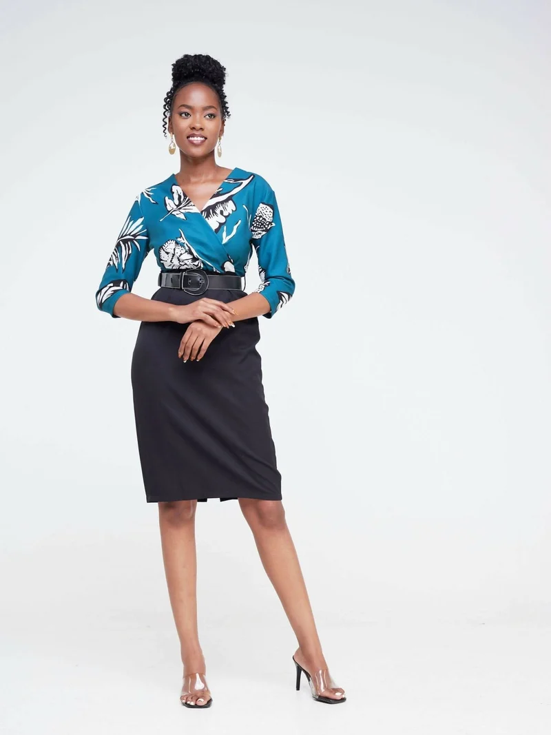 The Fashion Frenzy Pencil Dress - Black / Blue