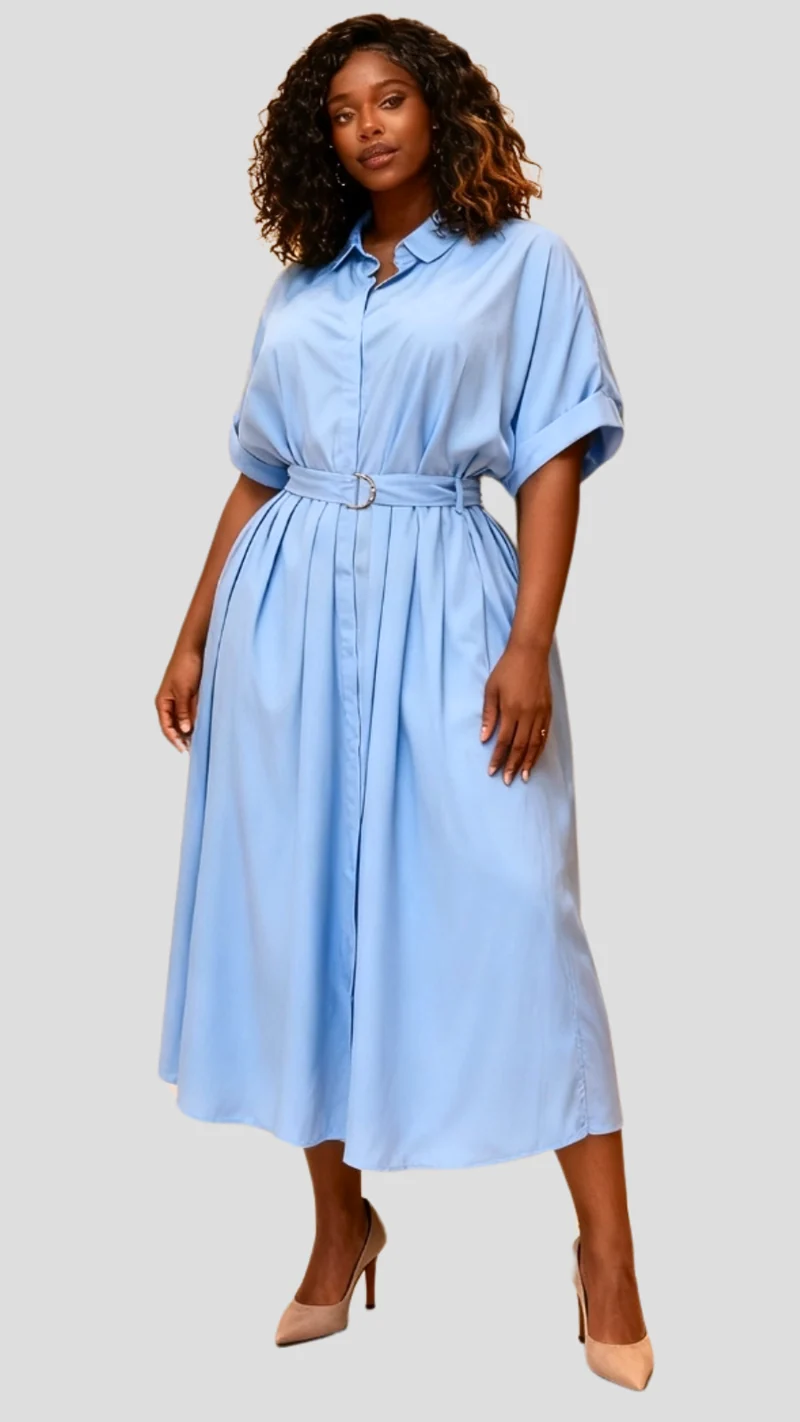 The Fashion Frenzy Aria Belted Maxi Shirt Dress - Blue