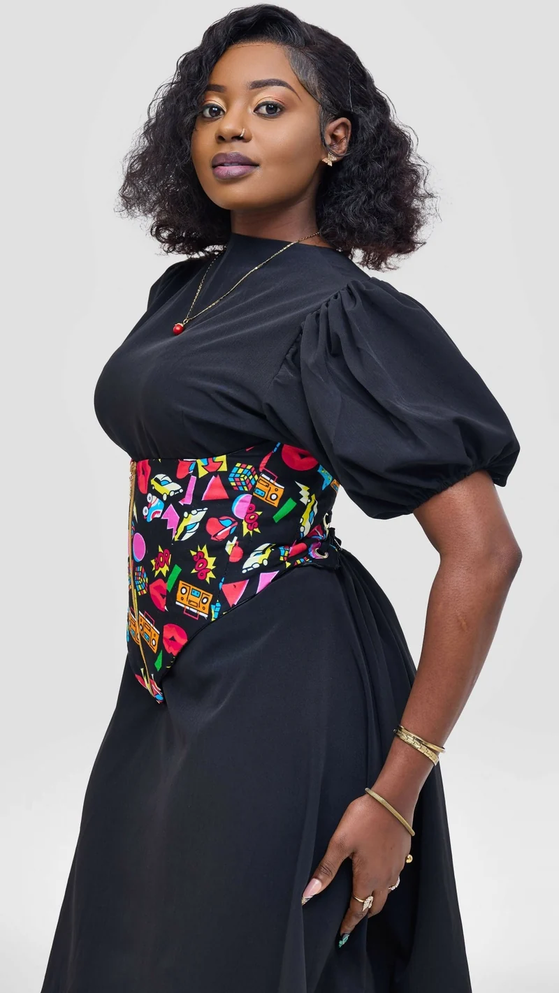 Corsetry And Co Glam Pop Ankara Corset Belt Top – Black / Pink Print
