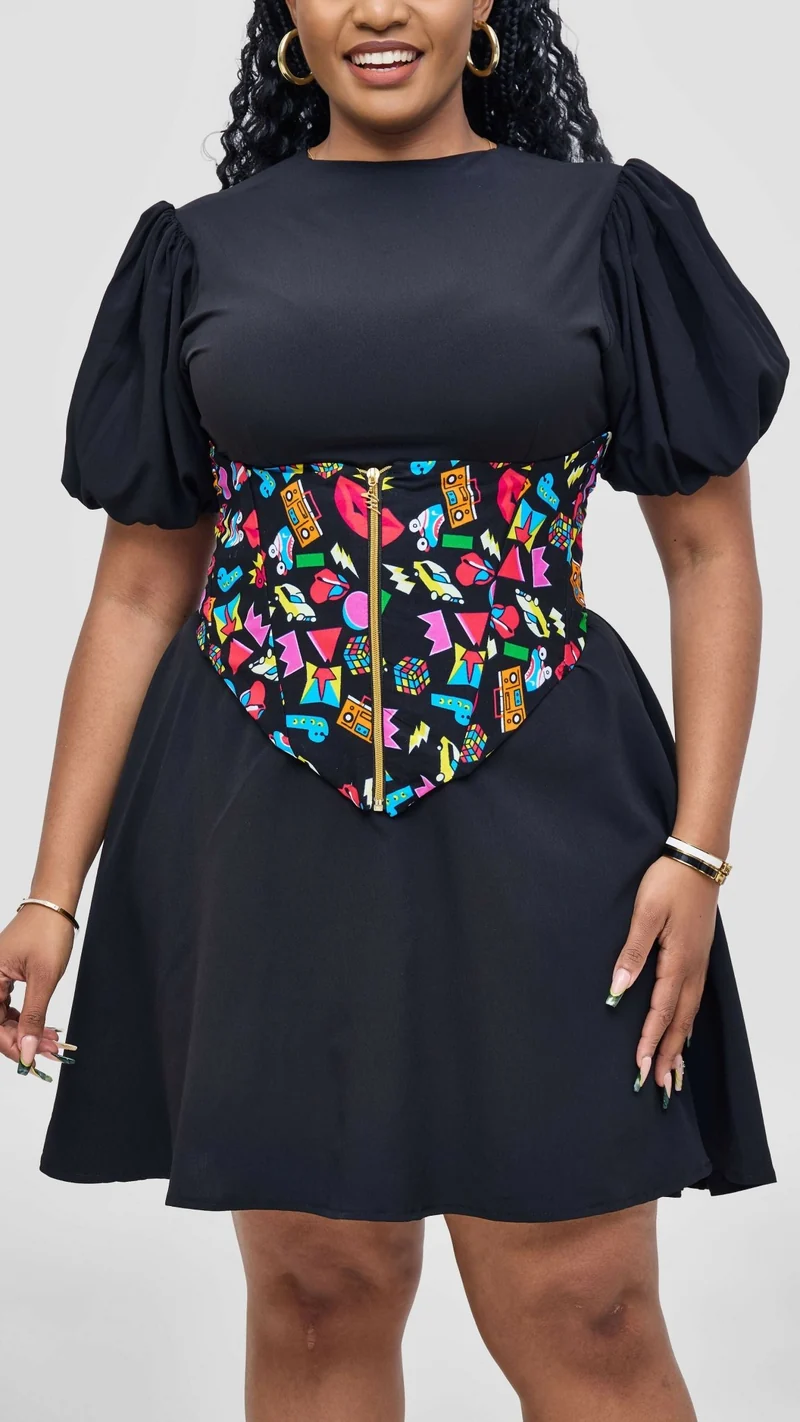 Corsetry And Co Glam Pop Ankara Corset Belt Top – Black / Pink Print