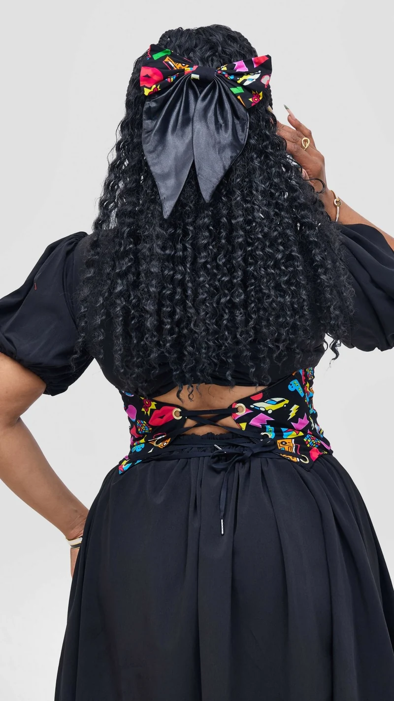 Corsetry And Co Glam Pop Ankara Corset Belt Top – Black / Pink Print