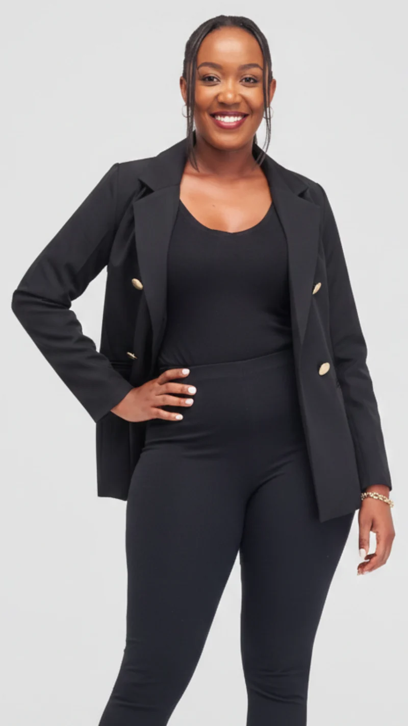 The Fashion Frenzy Elara Tailored Double-Button Blazer - Black