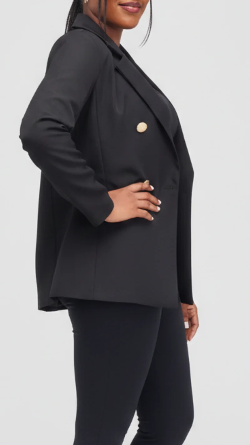 The Fashion Frenzy Elara Tailored Double-Button Blazer - Black