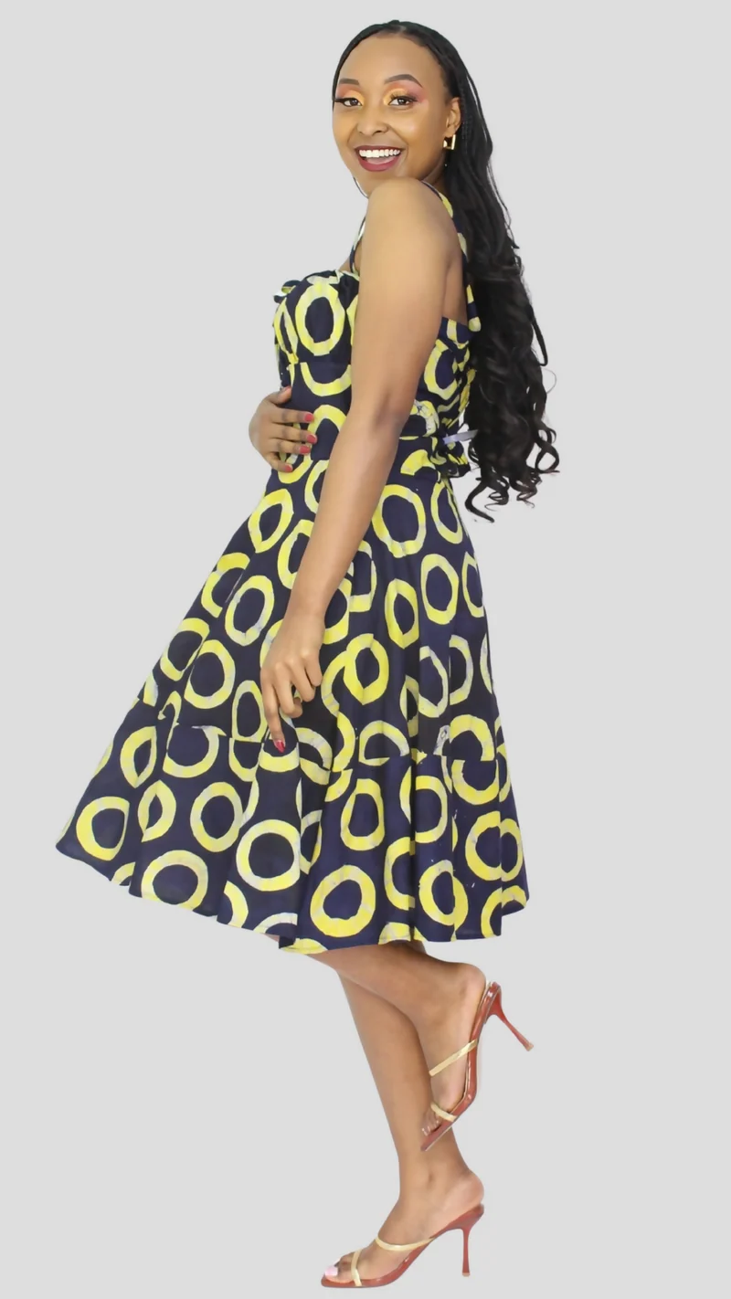 The Fashion Frenzy Printed Nuru Circles Corset Skater Dress - Yellow