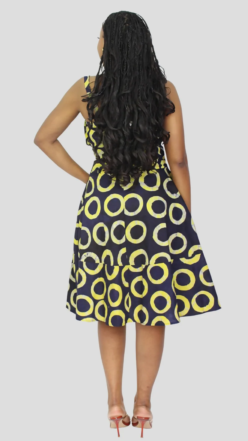 The Fashion Frenzy Printed Nuru Circles Corset Skater Dress - Yellow