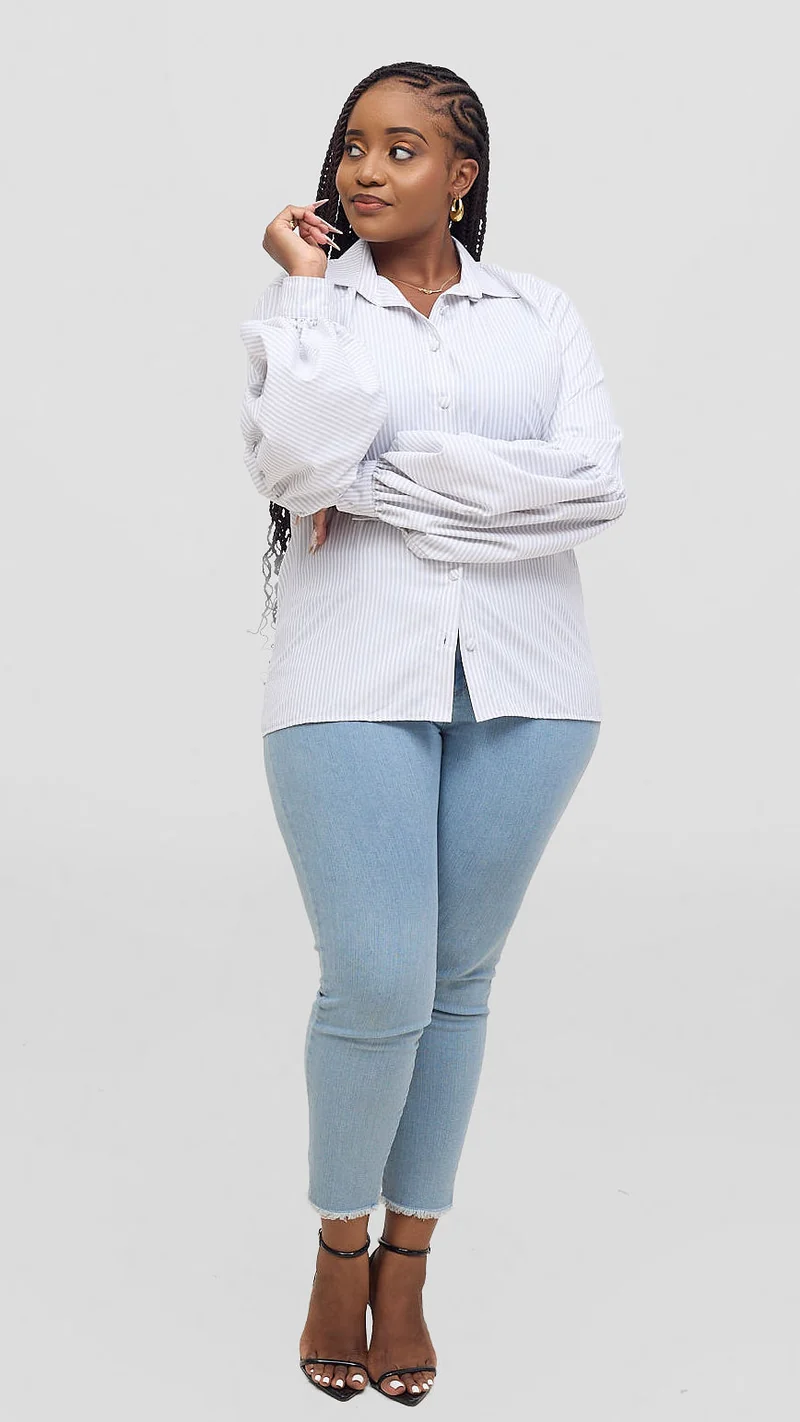 Marumara Creations Imena Puffy Sleeved Stripped Shirt - White