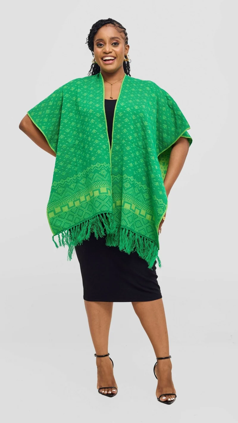 Inroses Deligh Reversible Print Poncho Shawl - Green / Mustard