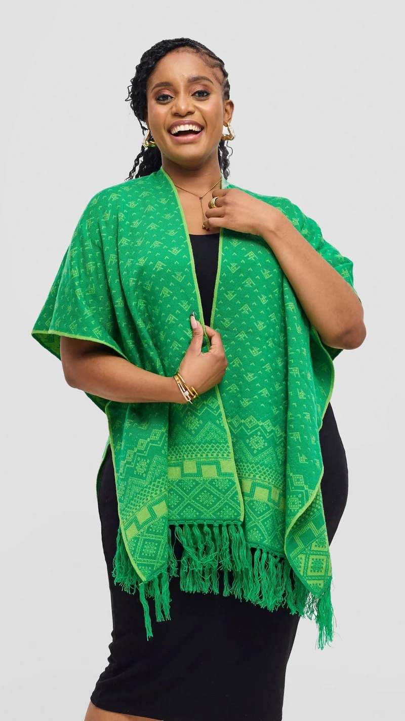 Inroses Deligh Reversible Print Poncho Shawl - Green / Mustard