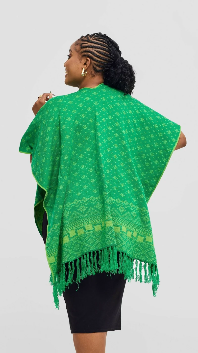 Inroses Deligh Reversible Print Poncho Shawl - Green / Mustard