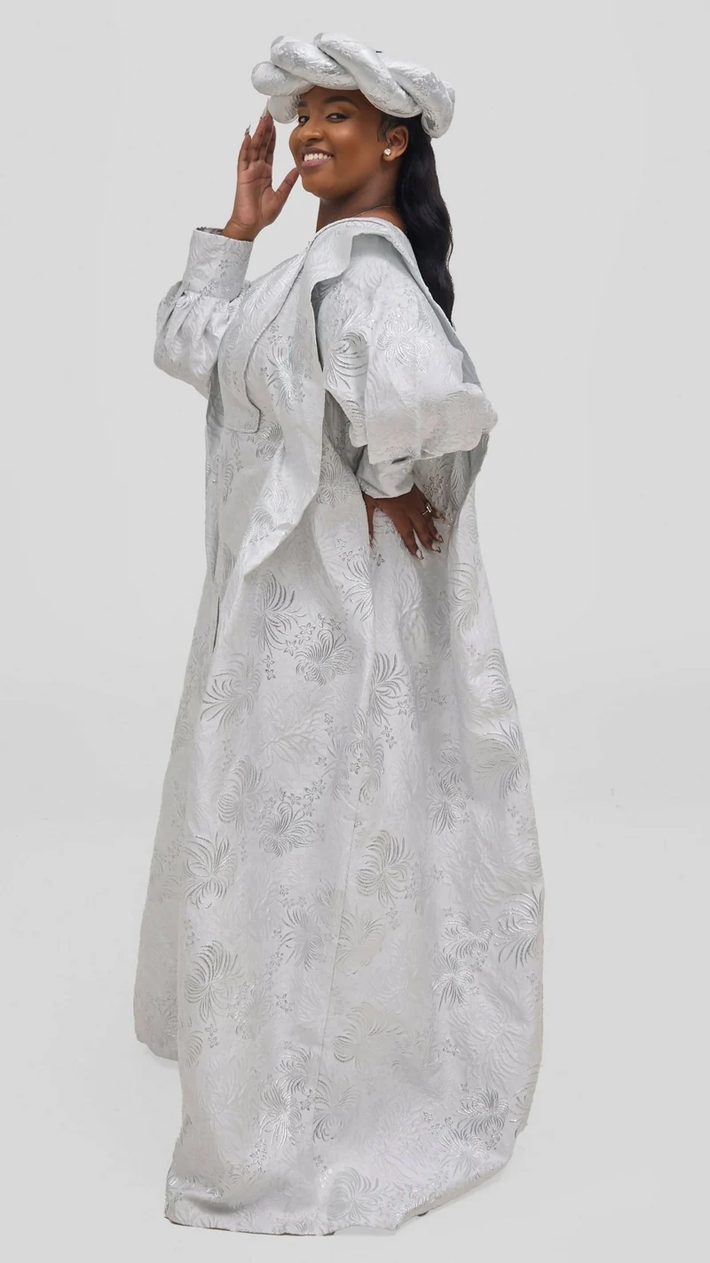 Hats And More Majestic Radiance Kaftan Dress & Matching Headwrap - Silver Print