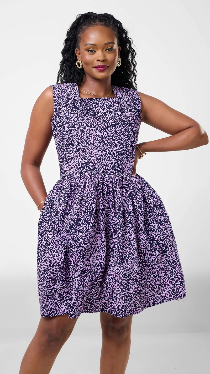 The Fashion Frenzy Amani Cotton Box Neck Dress - Purple