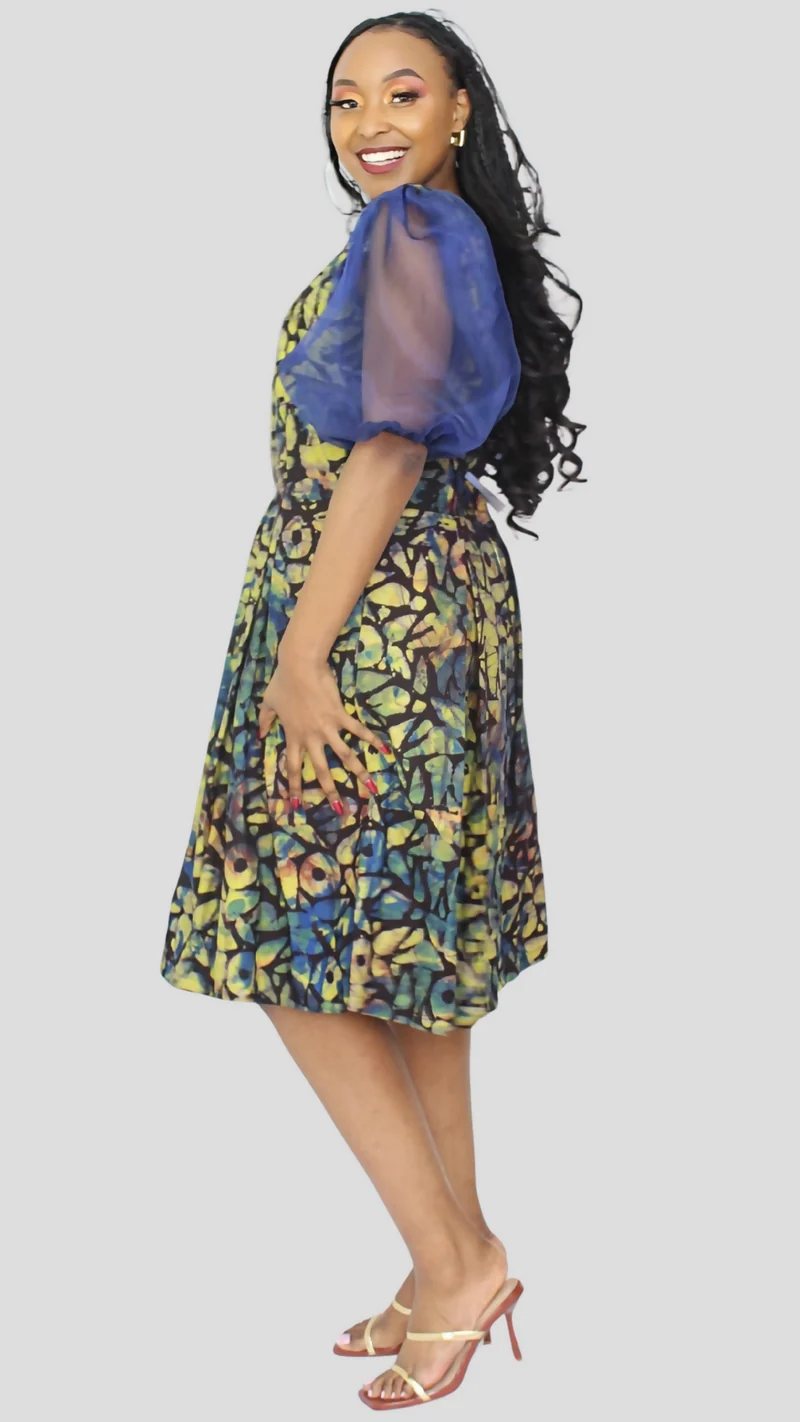 The Fashion Frenzy Curvy Plus Size Neema Puff Sleeve Dress - Blue Print
