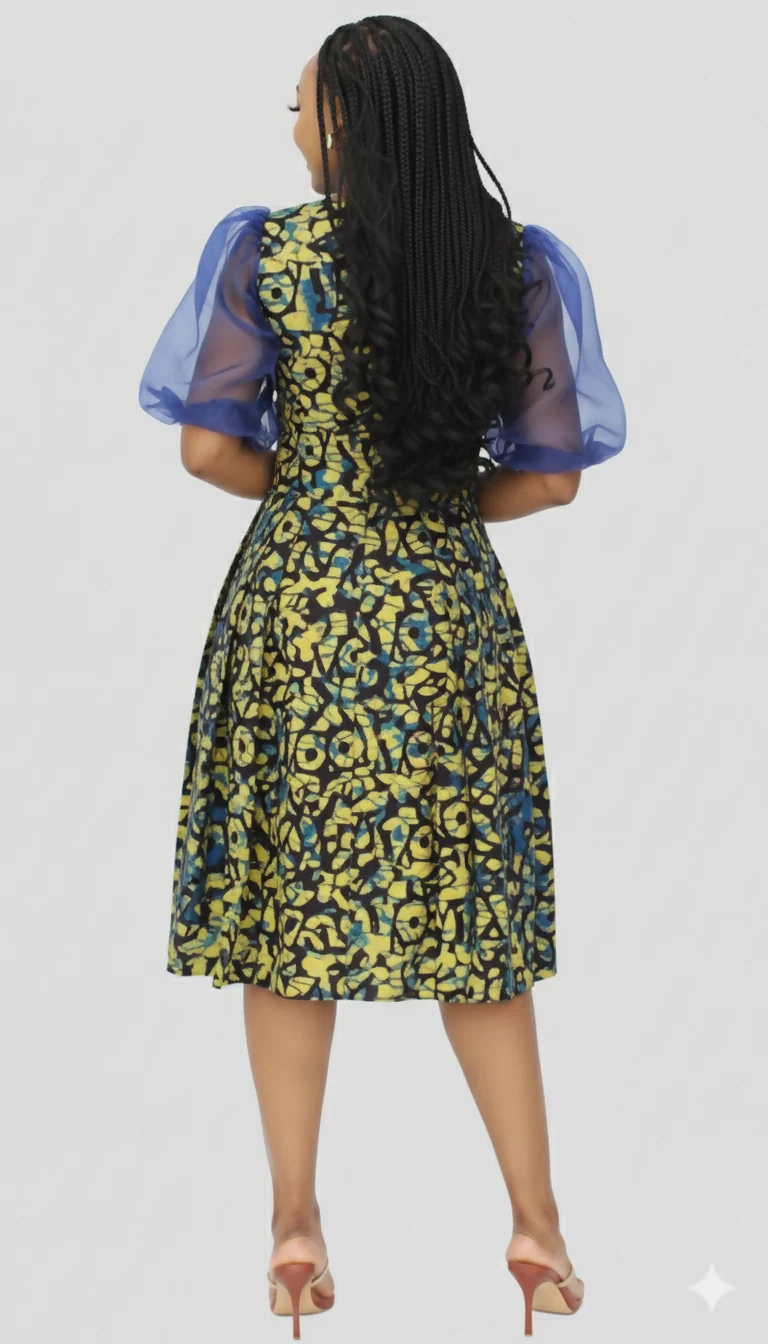 The Fashion Frenzy Curvy Plus Size Neema Puff Sleeve Dress - Blue Print