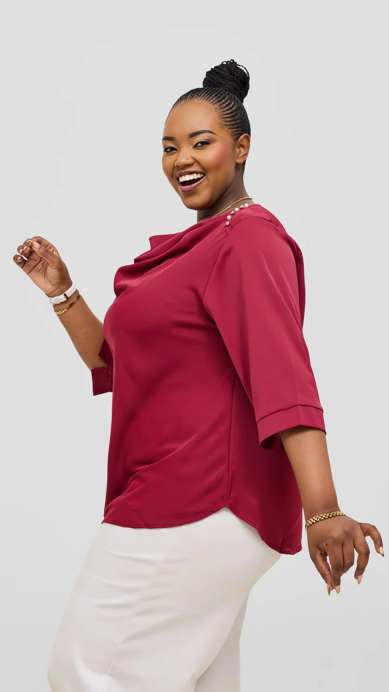 The Fashion Frenzy Crimson Grace Draped Blouse Top - Red