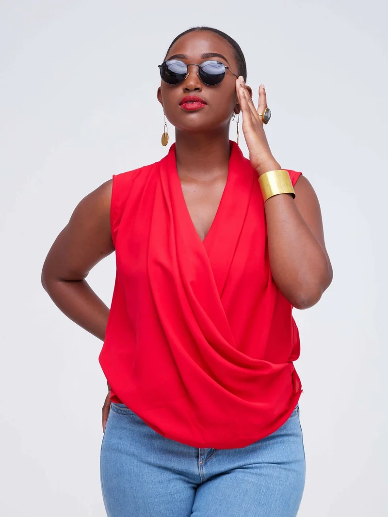The Fashion Frenzy V-Neck Blouse Top - Red