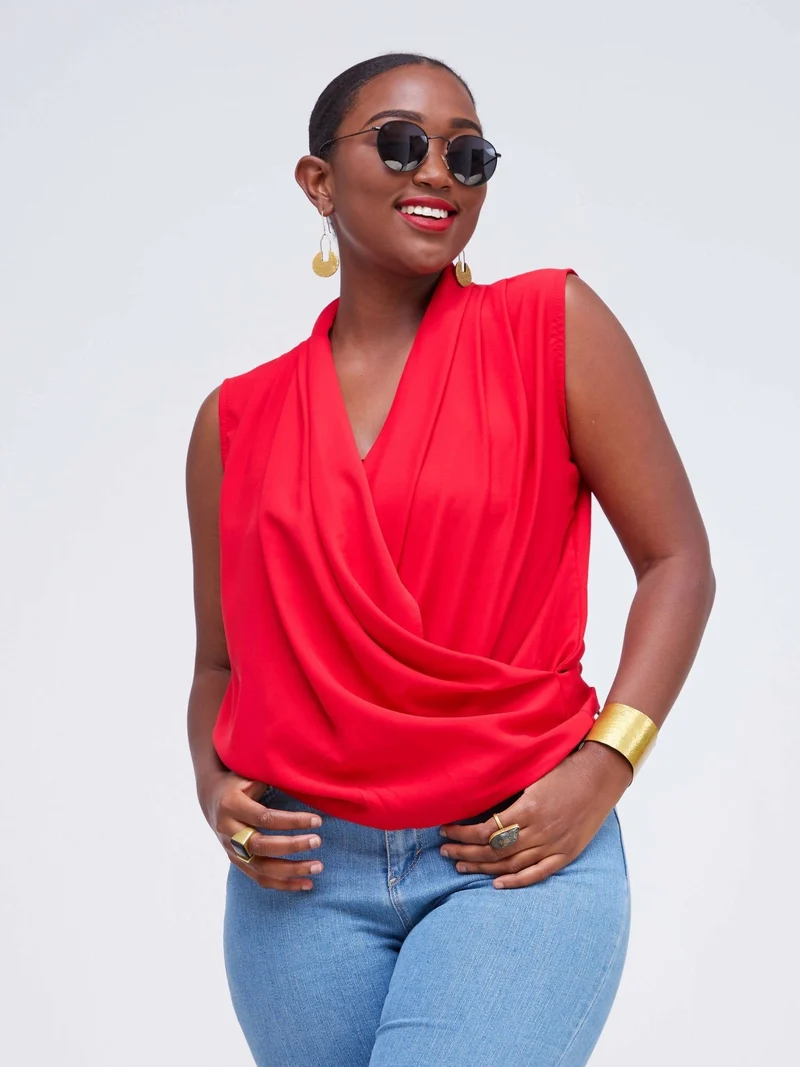The Fashion Frenzy V-Neck Blouse Top - Red