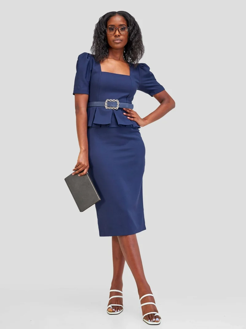 The Fashion Frenzy Belted Peplum Dress - Navy Blue