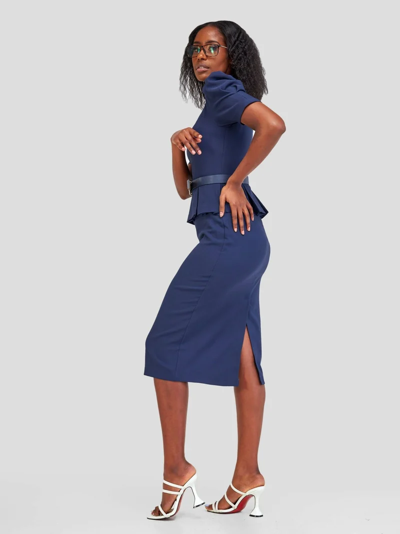 The Fashion Frenzy Belted Peplum Dress - Navy Blue
