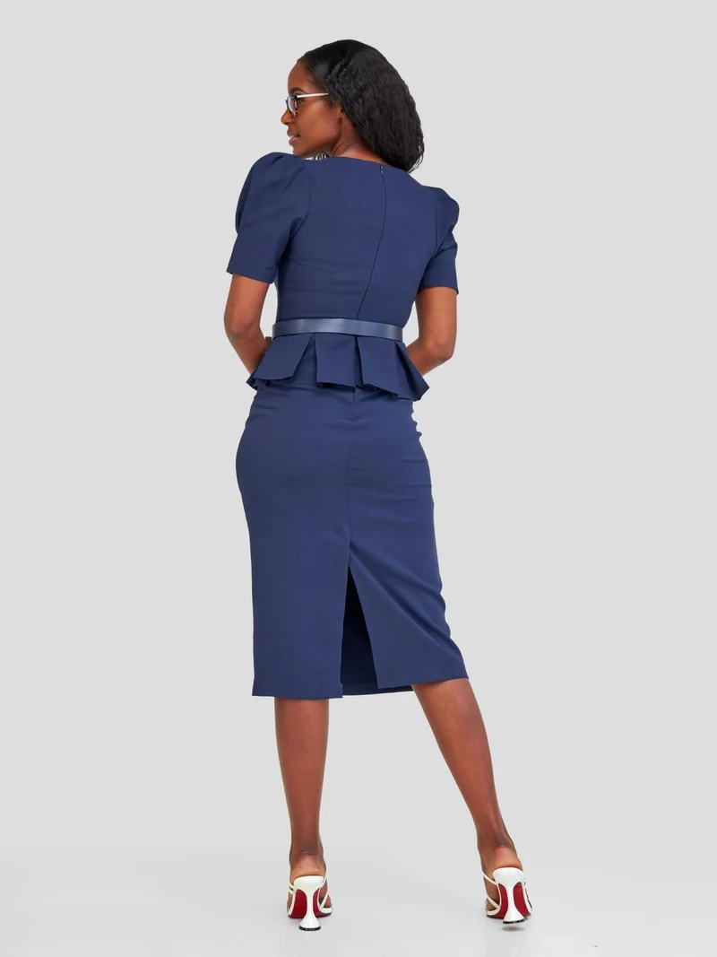 The Fashion Frenzy Belted Peplum Dress - Navy Blue