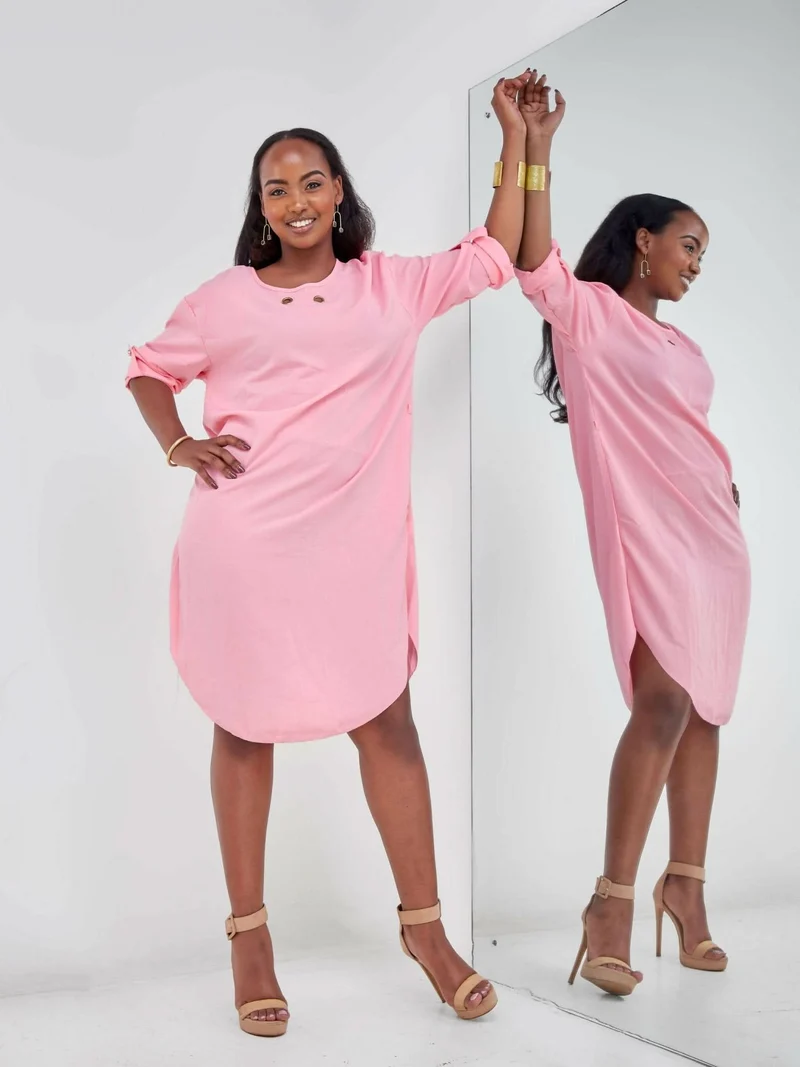 Long Sleeve Free Dress - Pink