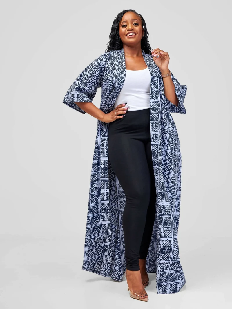 African Yuva Rufaa African Print Kimono - Grey / Black Print