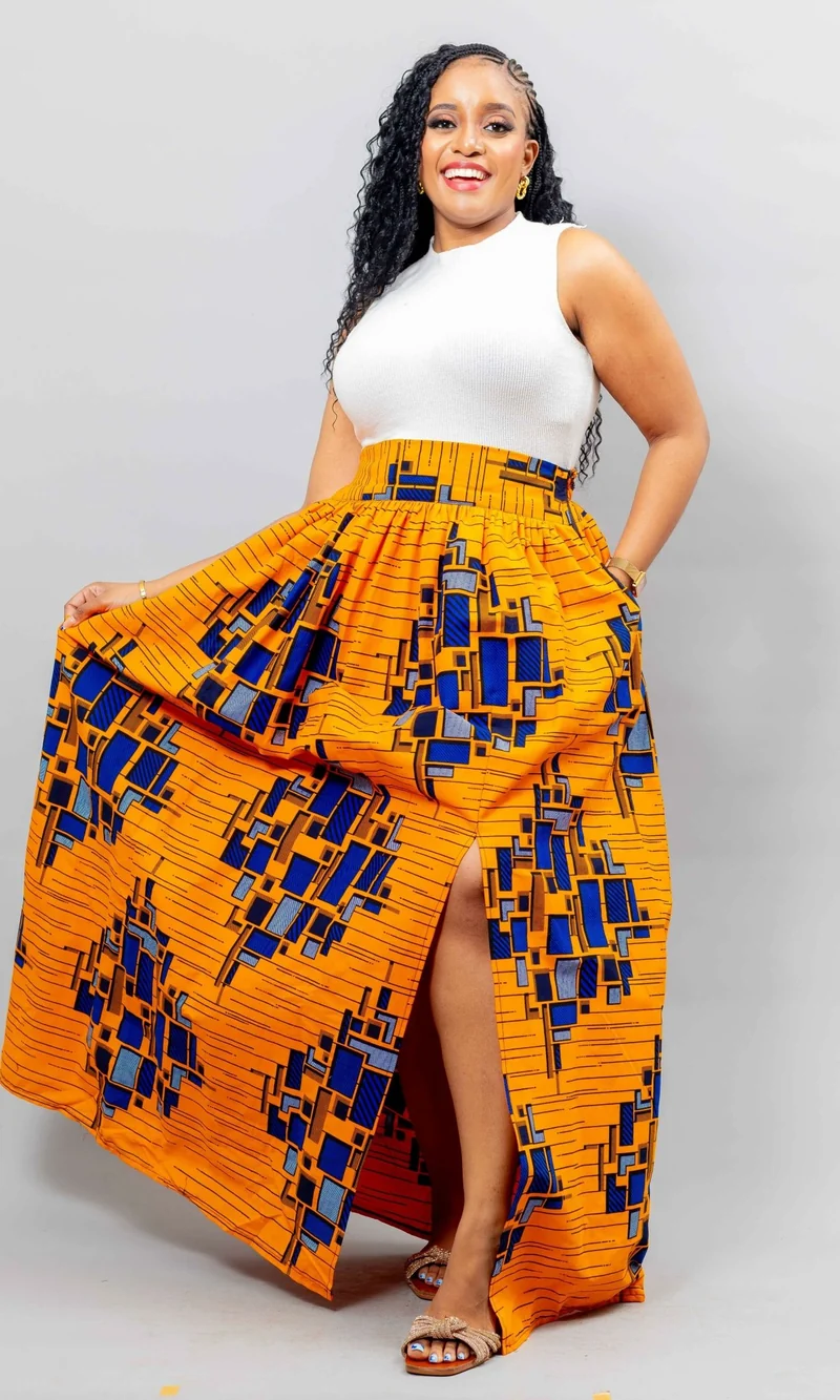 African Yuva Lily African Print Skirt - Orange Print