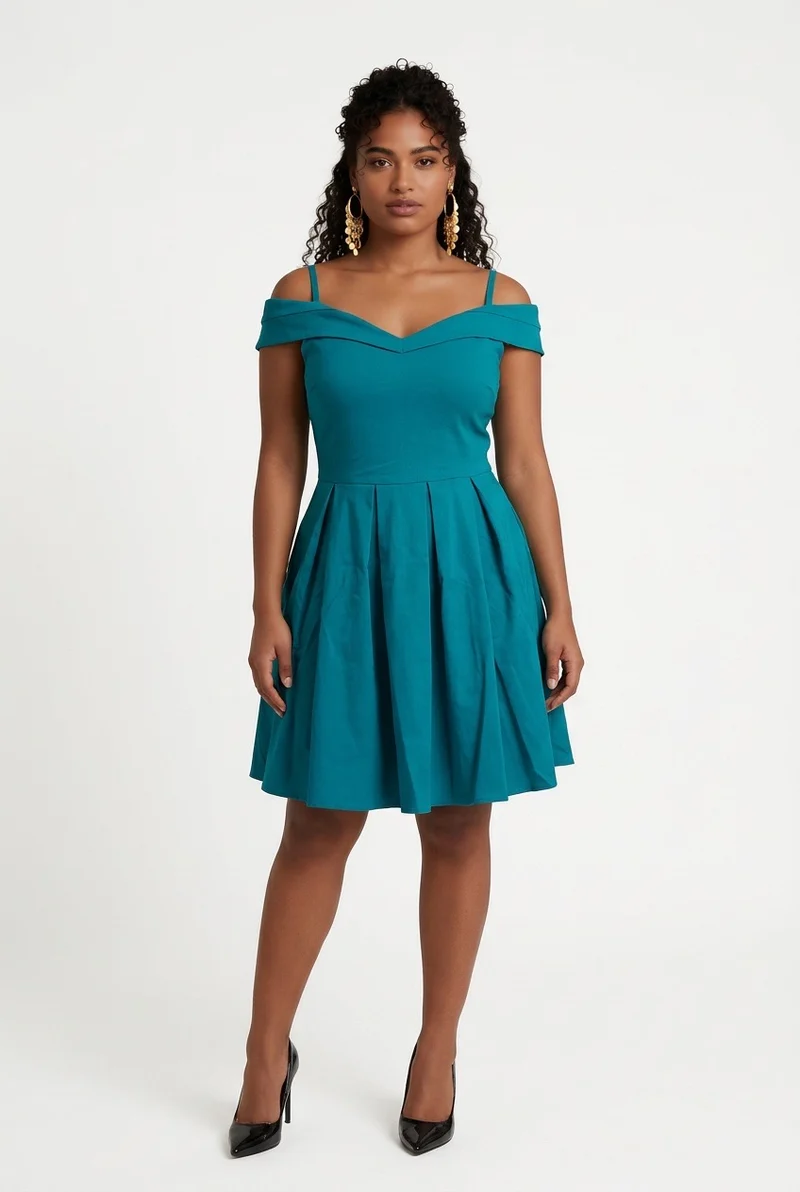 Stylish Sisters Off-Shoulder Strappy Pleated Mini Dress - Emerald Green