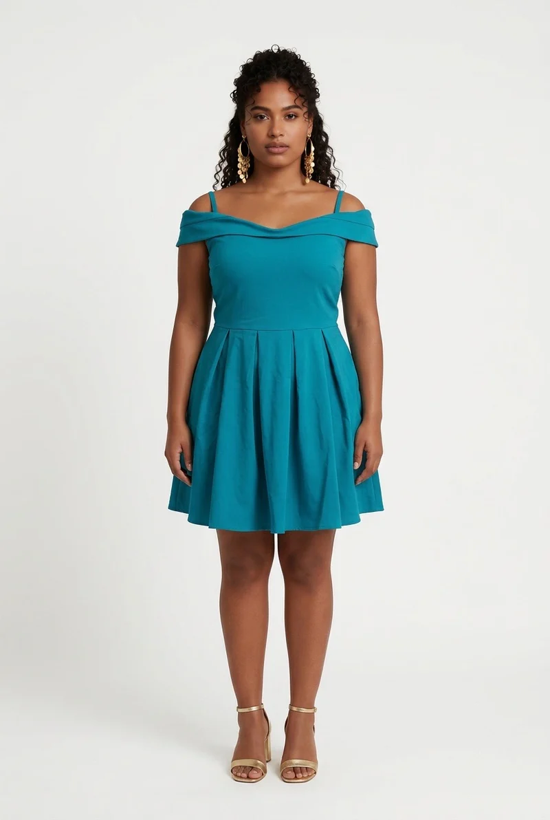 Stylish Sisters Off-Shoulder Strappy Pleated Mini Dress - Emerald Green
