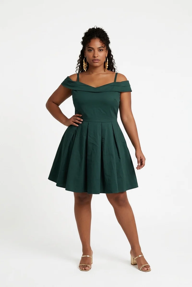 Stylish Sisters Off-Shoulder Strappy Pleated Mini Dress - Dark Green