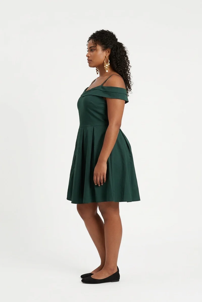 Stylish Sisters Off-Shoulder Strappy Pleated Mini Dress - Dark Green