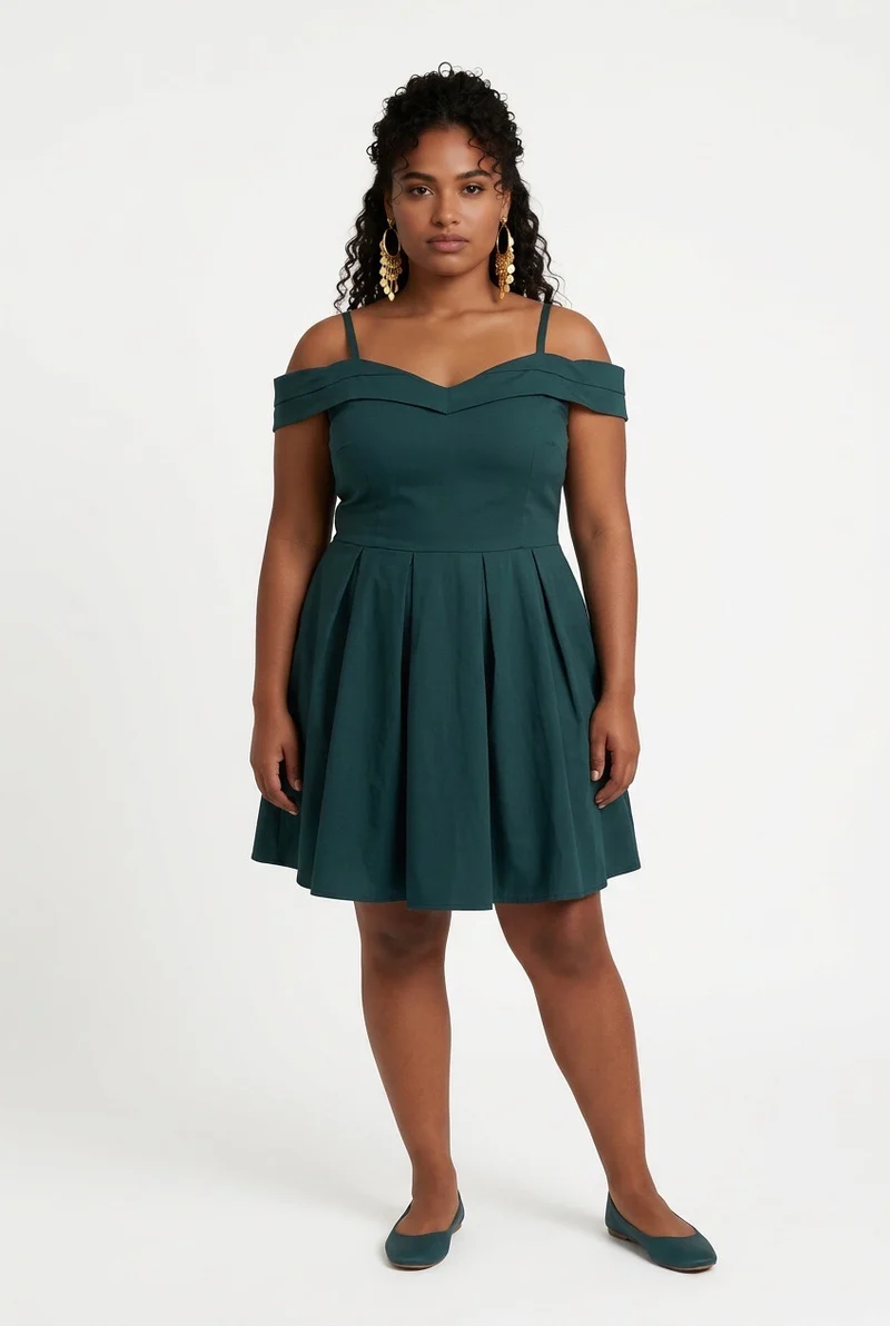 Stylish Sisters Off-Shoulder Strappy Pleated Mini Dress - Dark Green