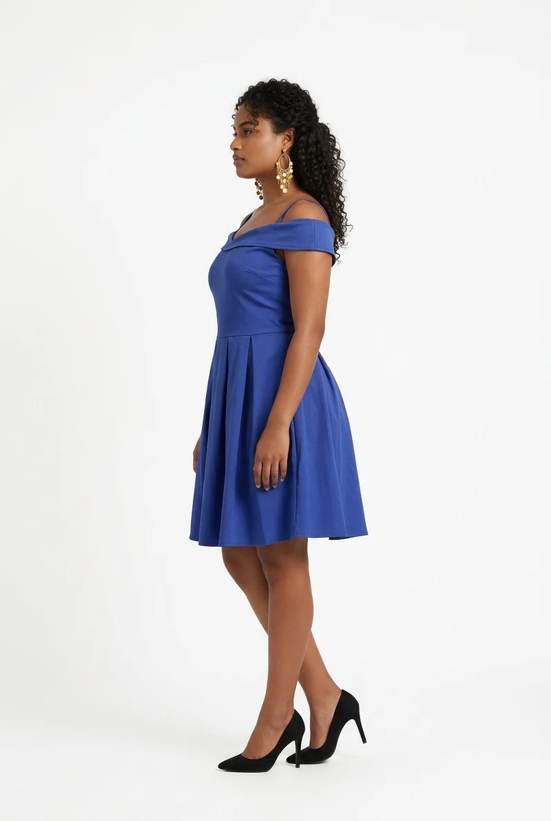 Stylish Sisters Off-Shoulder Strappy Pleated Mini Dress - Royal Blue