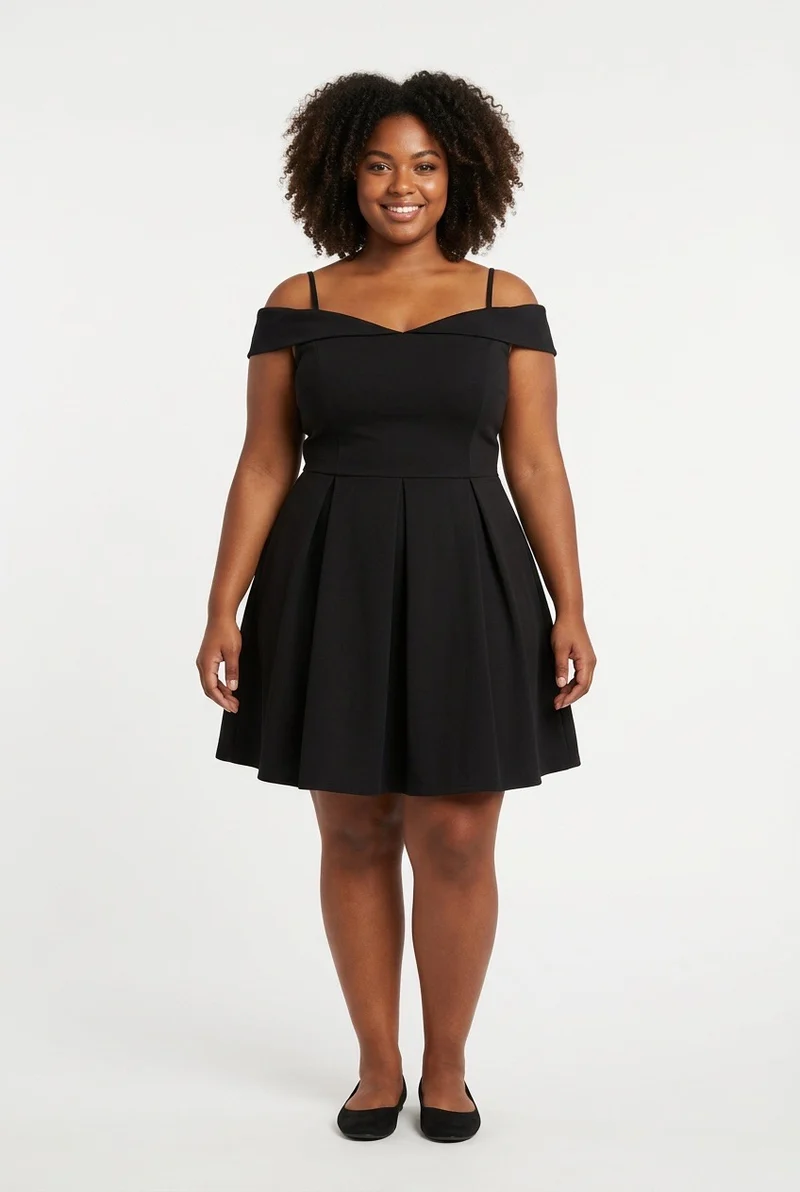 Stylish Sisters Off-Shoulder Strappy Pleated Mini Dress - Black