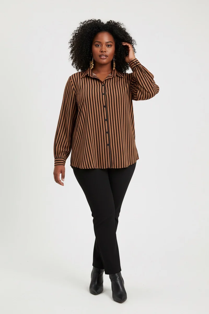 Stylish Sisters Striped Relaxed Fit Button-Up Shirt - Brown & Black