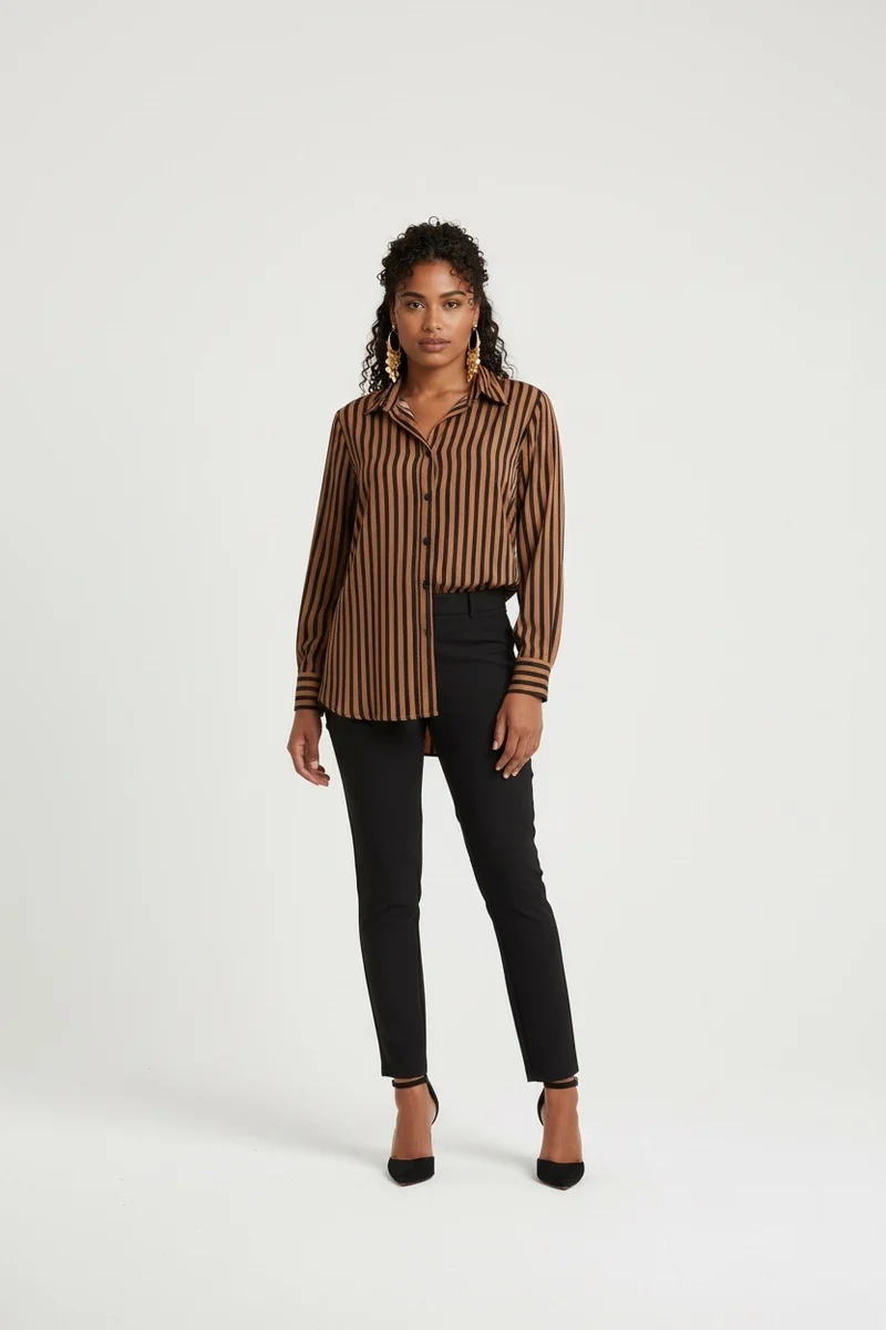 Stylish Sisters Striped Relaxed Fit Button-Up Shirt - Brown & Black