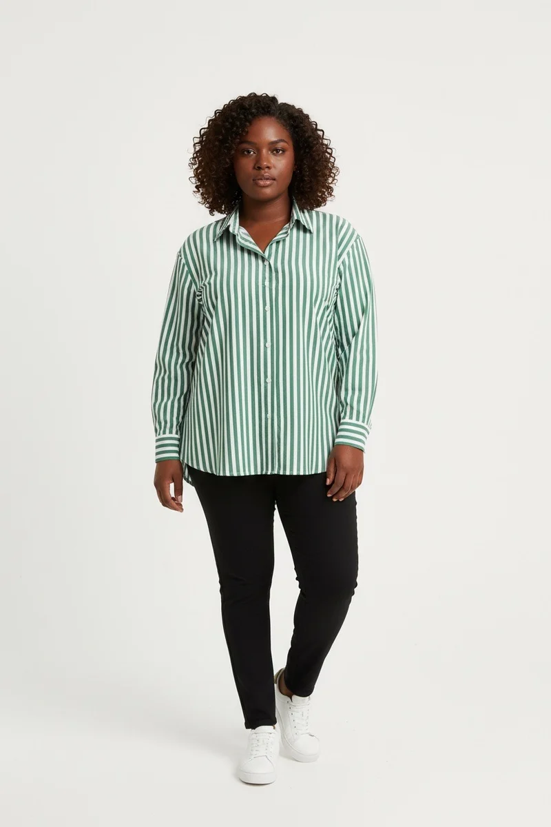 Stylish Sisters Striped Relaxed Fit Button-Up Shirt - Green & White