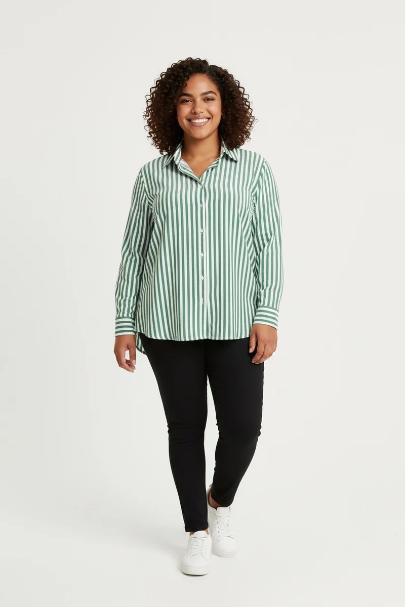 Stylish Sisters Striped Relaxed Fit Button-Up Shirt - Green & White
