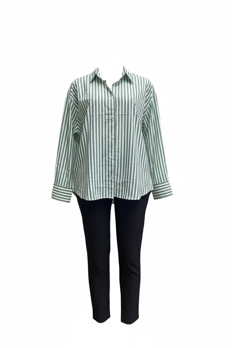 Stylish Sisters Striped Relaxed Fit Button-Up Shirt - Green & White