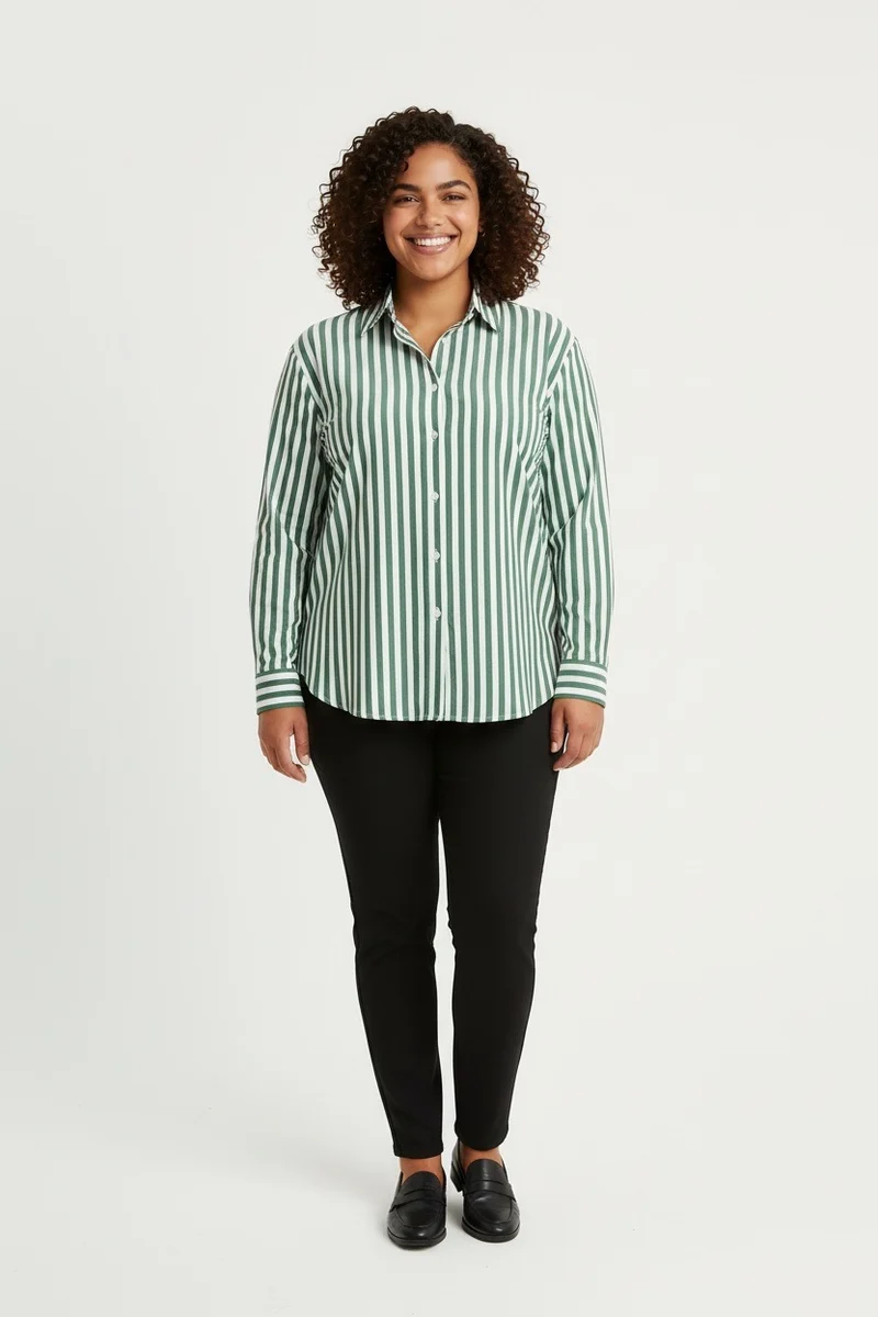 Stylish Sisters Striped Relaxed Fit Button-Up Shirt - Green & White