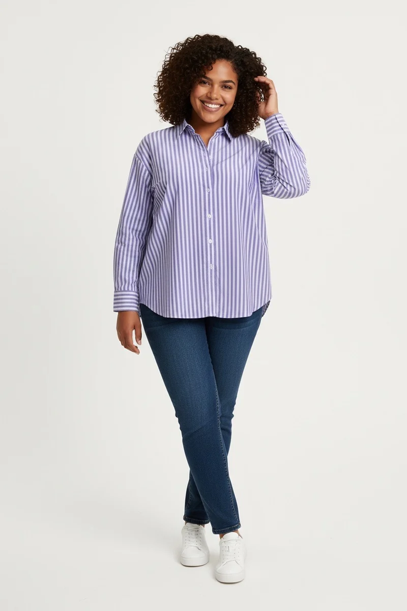 Stylish Sisters Striped Relaxed Fit Button-Up Shirt - Purple & White