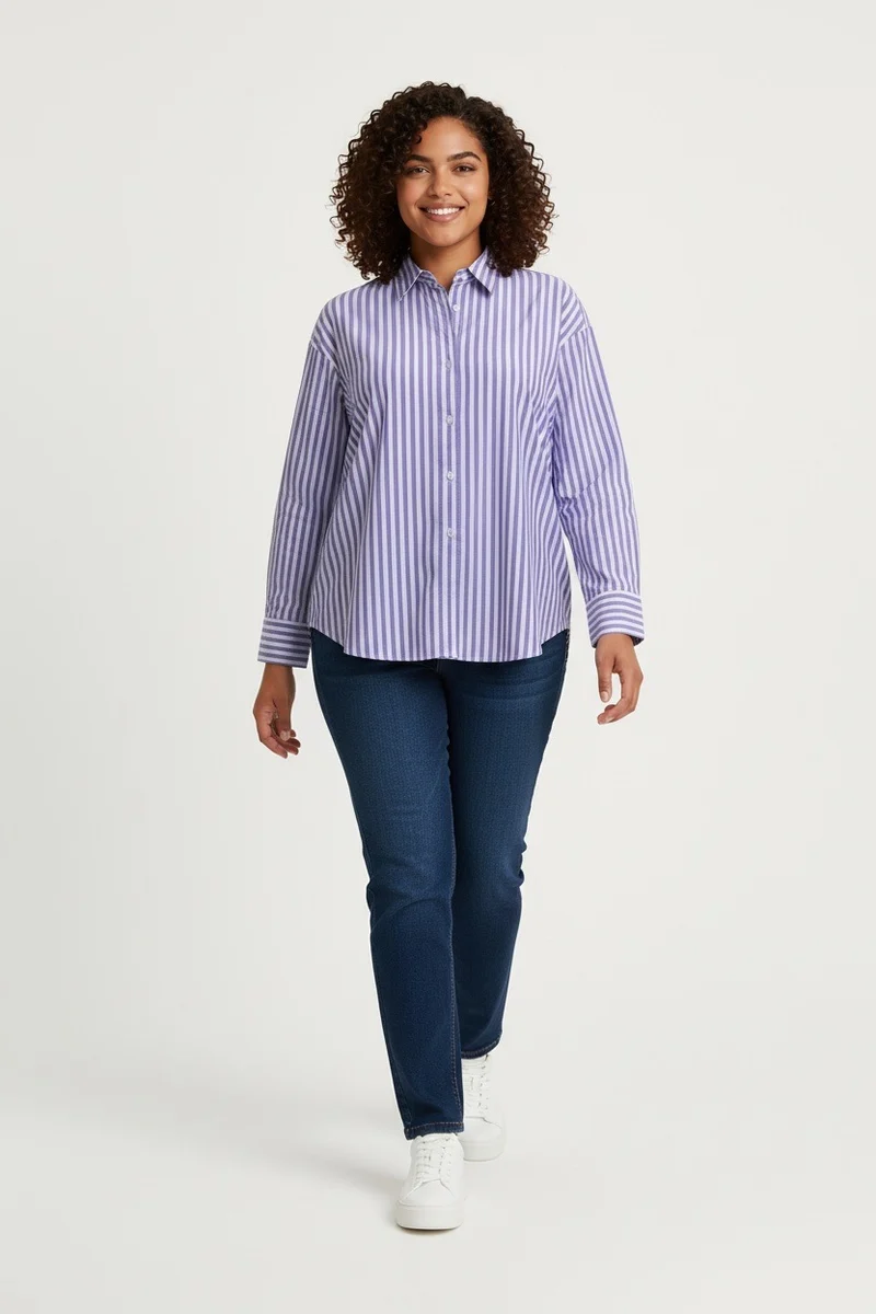Stylish Sisters Striped Relaxed Fit Button-Up Shirt - Purple & White