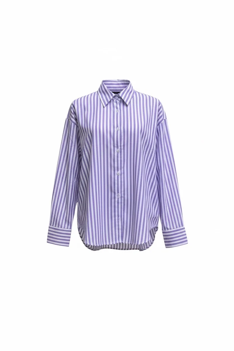Stylish Sisters Striped Relaxed Fit Button-Up Shirt - Purple & White