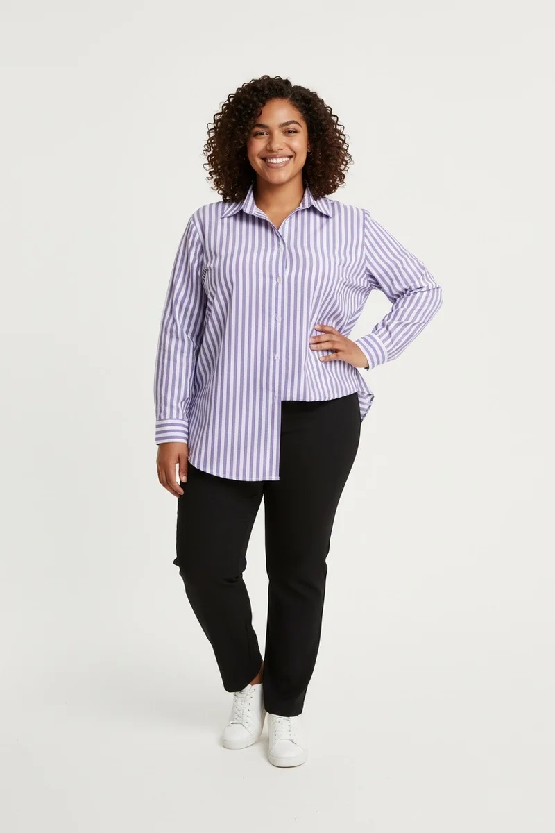 Stylish Sisters Striped Relaxed Fit Button-Up Shirt - Purple & White