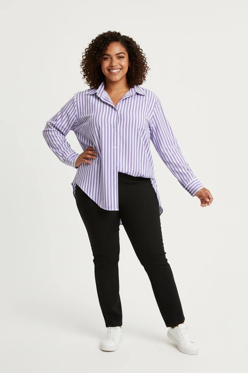 Stylish Sisters Striped Relaxed Fit Button-Up Shirt - Purple & White