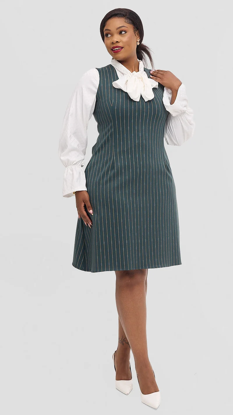 Silk House Collection Curvy Plus Size Amara Dress - Green Pinstripe