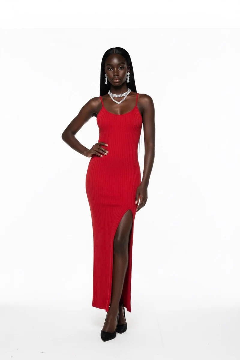 Stylish Sisters Ribbed-knit Bodycon Maxi dress - Red