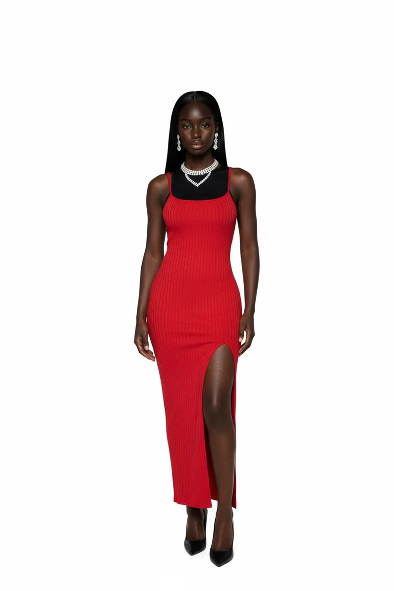 Stylish Sisters Ribbed-knit Bodycon Maxi dress - Red