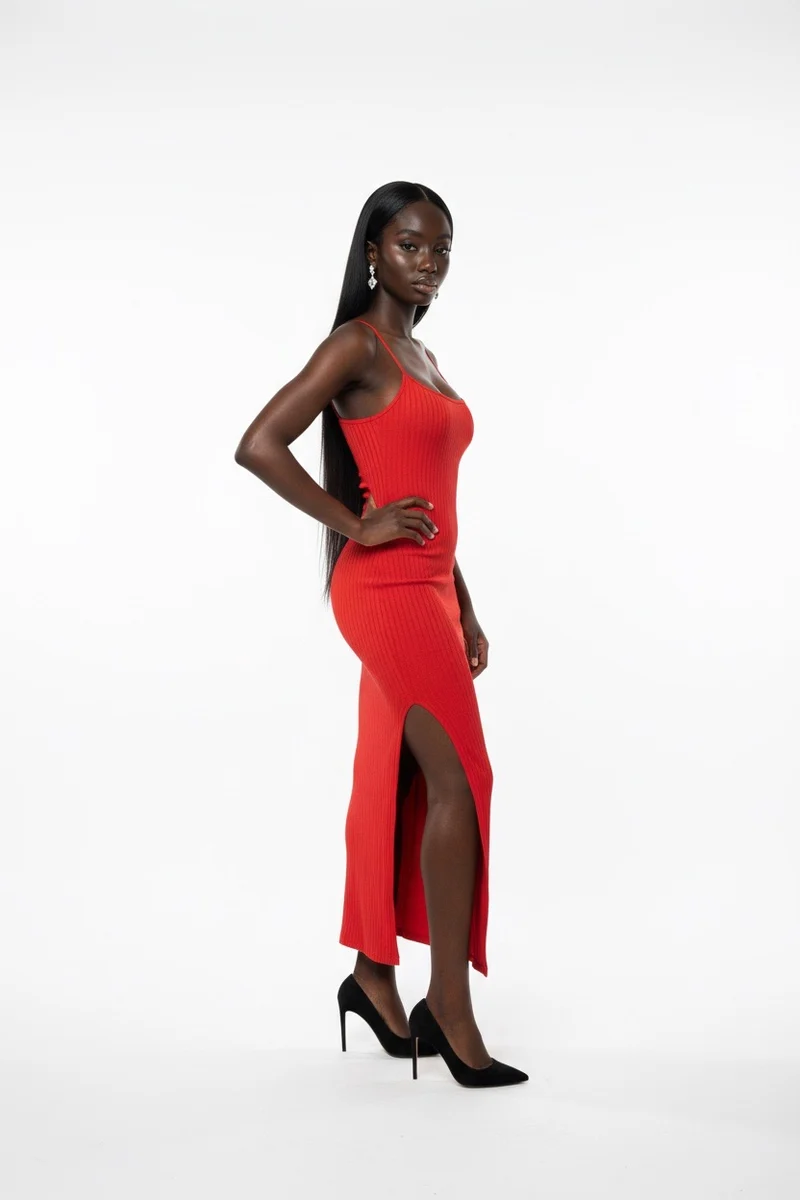 Stylish Sisters Ribbed-knit Bodycon Maxi dress - Red