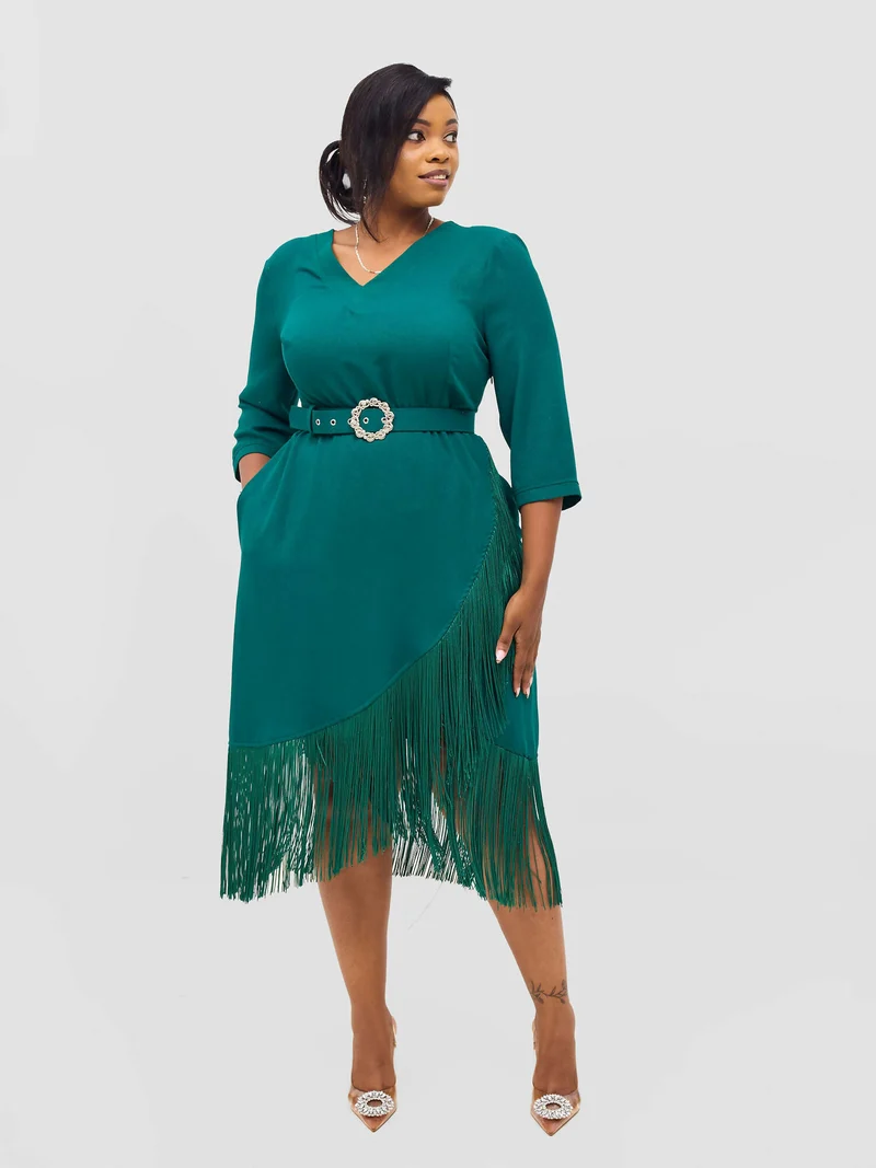 Elegance Fashion Tassels Belted Dress - Green