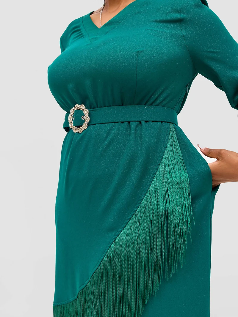 Elegance Fashion Tassels Belted Dress - Green